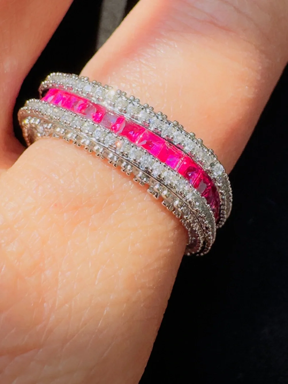 Silver-Tone Pink Crystal Multi-Row Ring